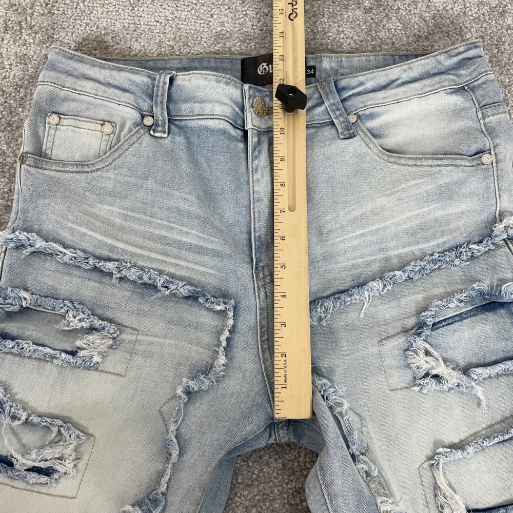 Guapi Jeans Mens 34 Distressed Patchwork Flare Light Wash Denim Frayed Street - Picture 9 of 14